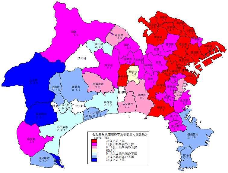 令和元年地価調査　市区町村別　平均変動率地図（商業地）