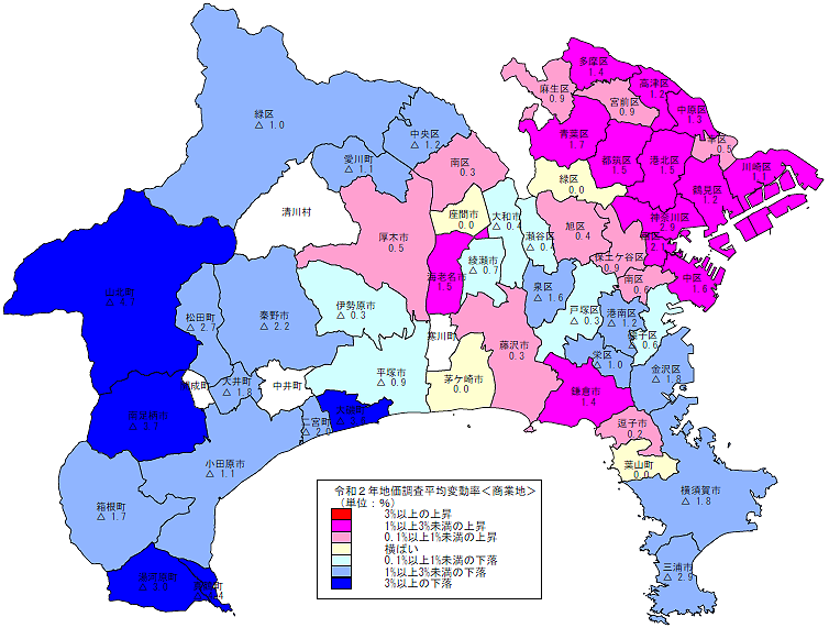 令和２年地価調査　市区町村別　平均変動率地図（商業地）