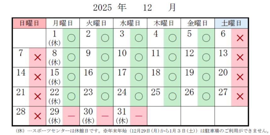 スポーツセンター　駐車場の混雑予想　12月分