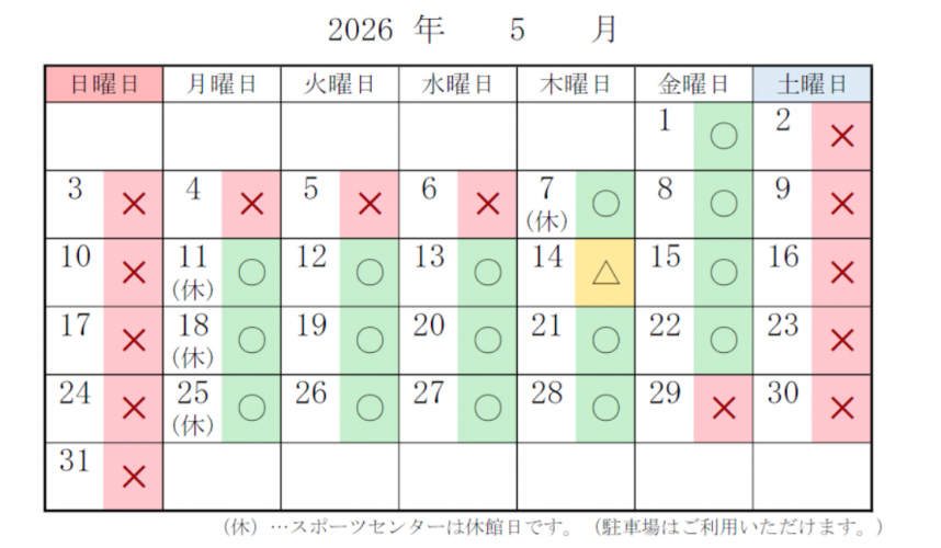 スポーツセンター　駐車場の混雑予想　5月分