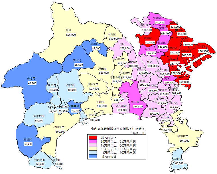 令和３年地価調査　市区町村別　平均価格地図（住宅地）