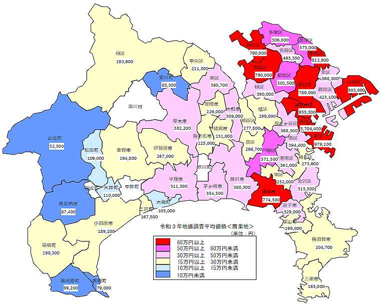 令和３年地価調査　市区町村別　平均価格地図（商業地）