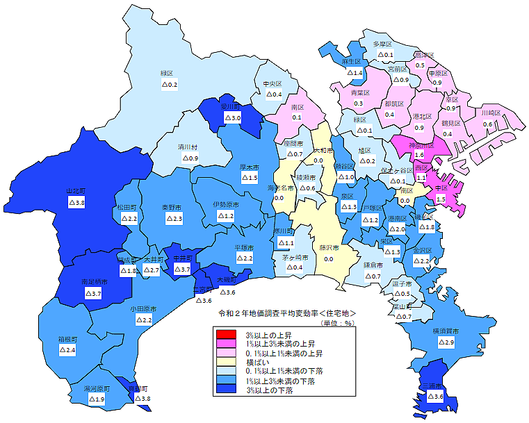 令和２年地価調査　市区町村別　平均変動率地図（住宅地）