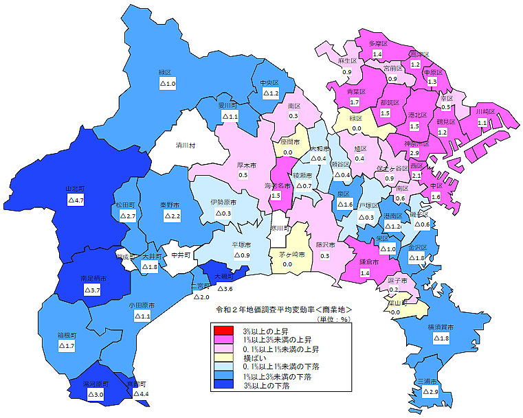 令和２年地価調査　市区町村別　平均変動率地図（商業地）