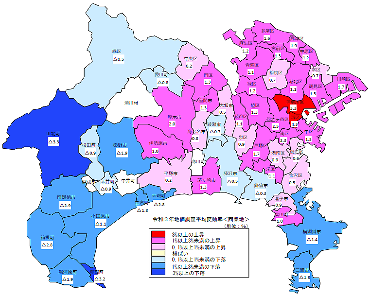 令和３年地価調査　市区町村別　平均変動率地図（商業地）