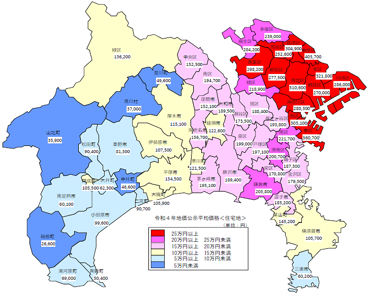 令和４年地価公示（神奈川県分）　市区町村別　平均価格地図（住宅地）