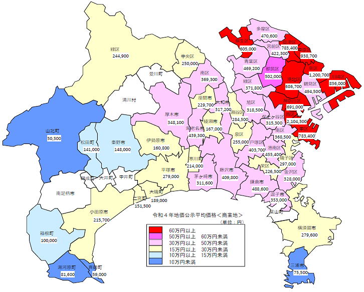 令和４年地価公示（神奈川県分）　市区町村別　平均価格地図（商業地）