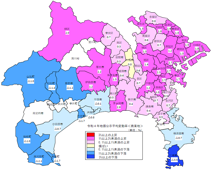 令和４年地価公示（神奈川県分）　市区町村別　平均変動率地図（商業地）