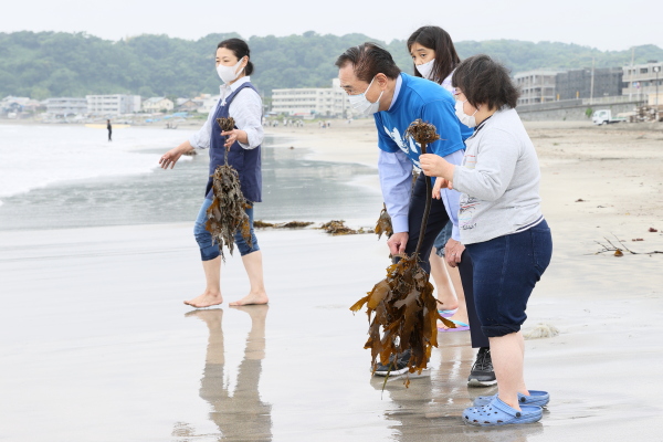 海藻回収の取り組みに参加する知事