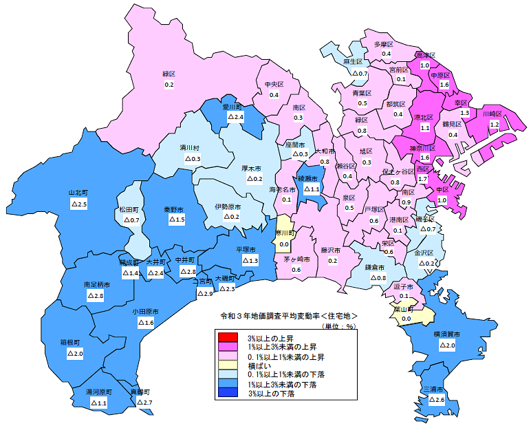 令和３年地価調査　平均変動率地図（住宅地）