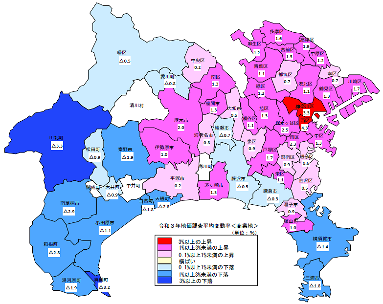 令和３年地価調査　平均変動率地図（商業地）