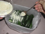 写真：キュウリに調味料をふりかける