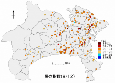 県内暑さ指数マップ（8月12日）