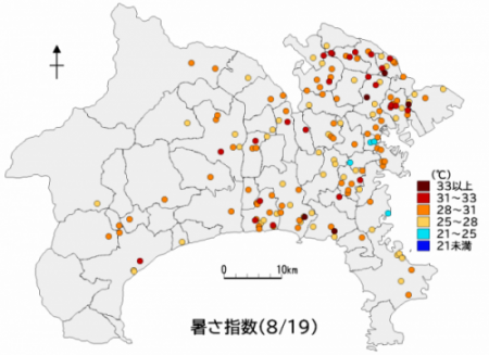 県内暑さ指数マップ（8月19日）