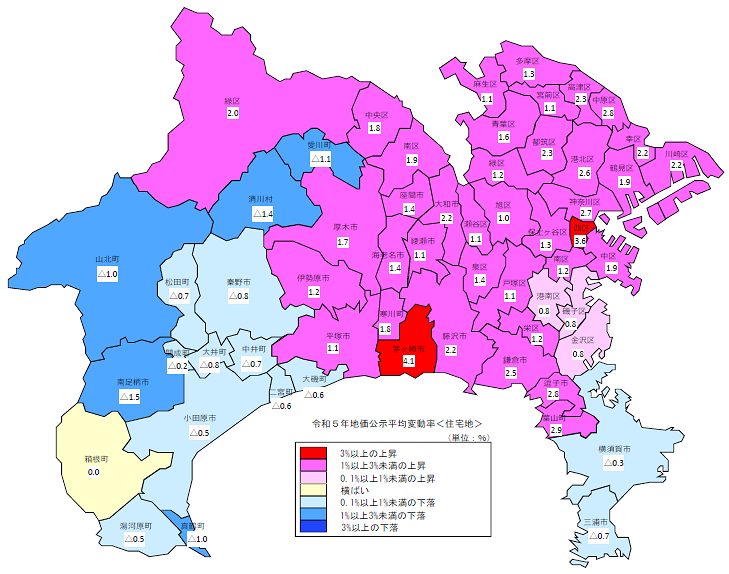 令和５年地価公示（神奈川県分）　市区町村別　平均変動率地図（住宅地）