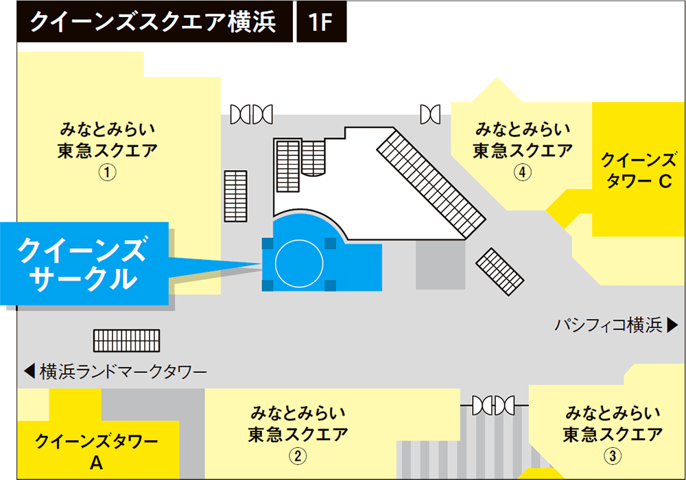 会場である日本大通り神奈川県庁前の位置と周辺施設を示した案内マップ。施設名や導線が視覚的に表示されている。