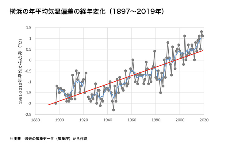 横浜の年平均気温偏差の経年変化（1897～2019年）の図表