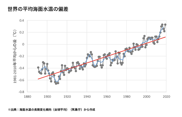 世界の平均海面水温の偏差の図表