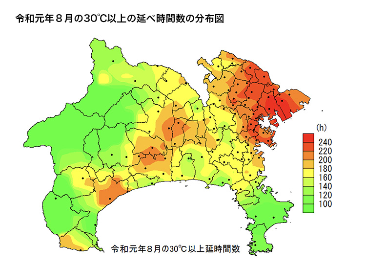 令和元年８月の30℃以上の延べ時間数の分布図