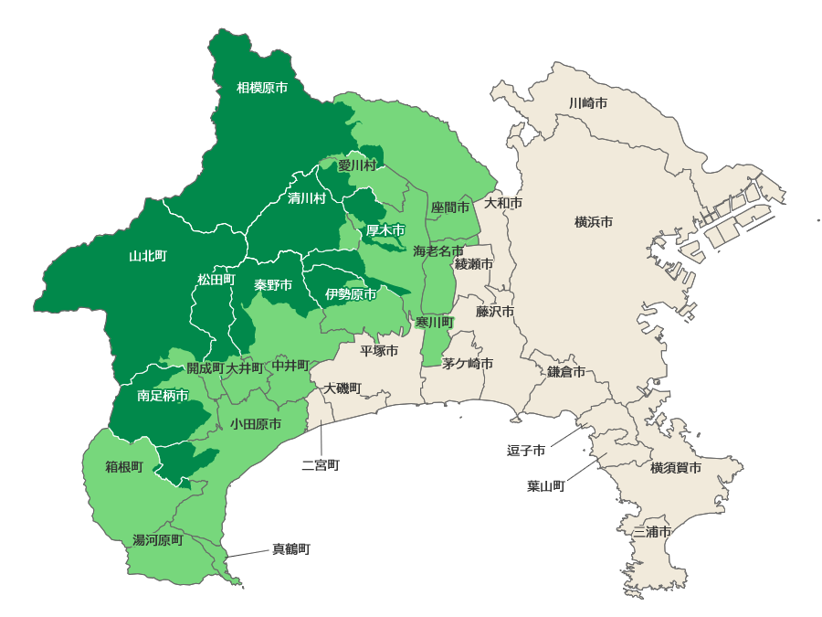 神奈川県の水源の森林と地域水源林対象市町村の地図
