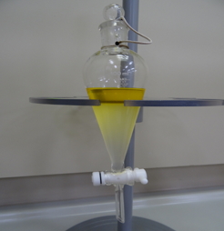 液液抽出で水（下）から有機溶媒（上）に添加物を抽出して妨害成分を減らす作業の写真