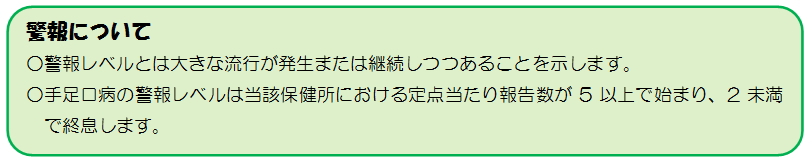 警報について○警報レベルとは大きな流行が発生または継続しつつあることを示します。○手足口病の警報レベルは当該保健所における定点当たり報告数が5以上で始まり、2未満で終息します。