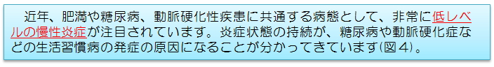 近年、肥満や糖尿病、動脈硬化性疾患に共通する病態として、非常に低レベルの慢性炎症が注目されています。炎症状態の持続が、糖尿病や動脈硬化症などの生活習慣病の発症の原因になることが分かってきています(図４)。