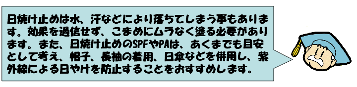 日焼け止めは水、汗などにより落ちてしまう事もあります。