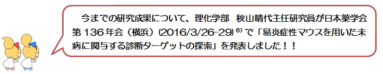 今までの研究成果について、理化学部　秋山晴代主任研究員が日本薬学会第136年会（横浜）(2016/3/26-29) 6）で「易炎症性マウスを用いた未病に関与する診断ターゲットの探索」を発表しました！！