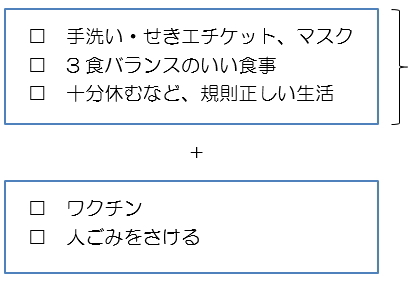 □手洗い・せきエチケット、マスク □3食バランスのいい食事 □十分休むなど、規則正しい生活+□ワクチン　□人ごみをさける